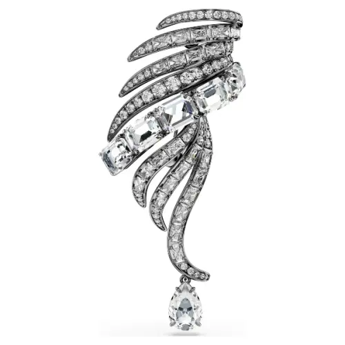 Brooch, Feather, White, Ruthenium plated