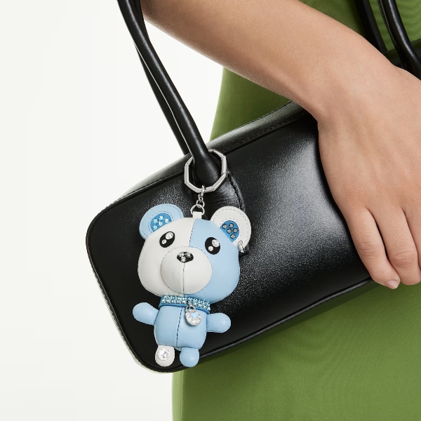 Bag charm, Bear, Blue, Rhodium plated Teddy Swarovski 5