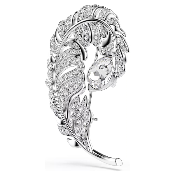 Brooch, Mixed cuts, Feather, Rhodium plated Idyllia Swarovski 2