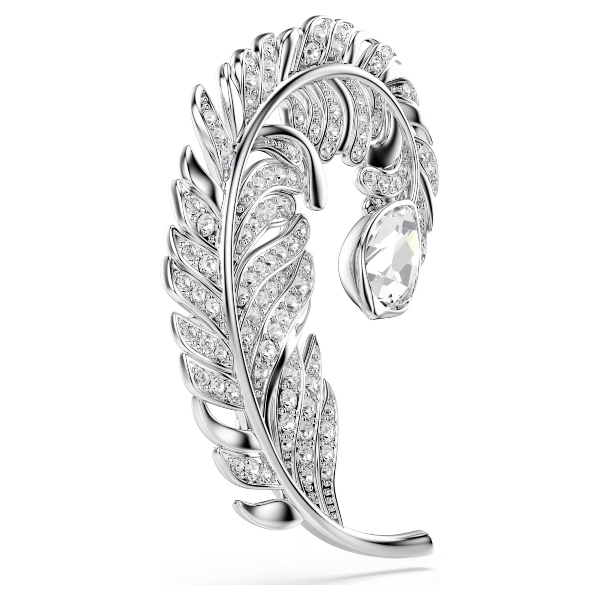 Brooch, Mixed cuts, Feather, Rhodium plated Idyllia Swarovski 3