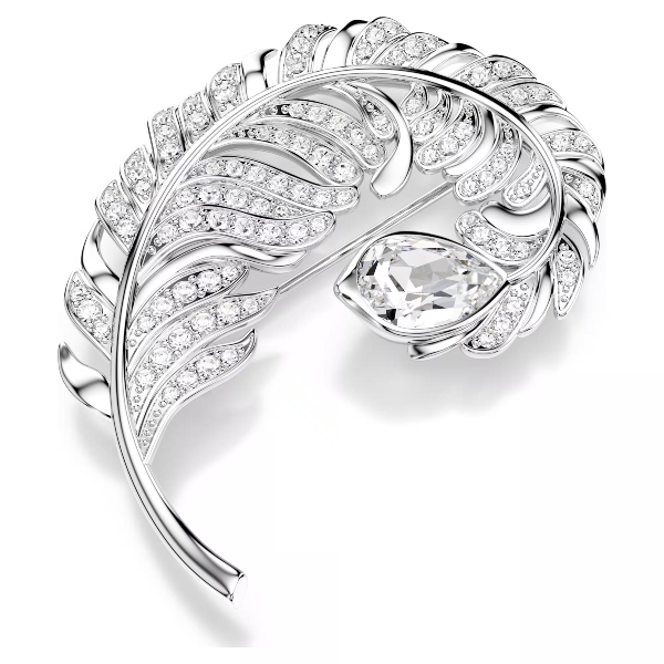 Brooch, Mixed cuts, Feather, Rhodium plated Idyllia Swarovski 4