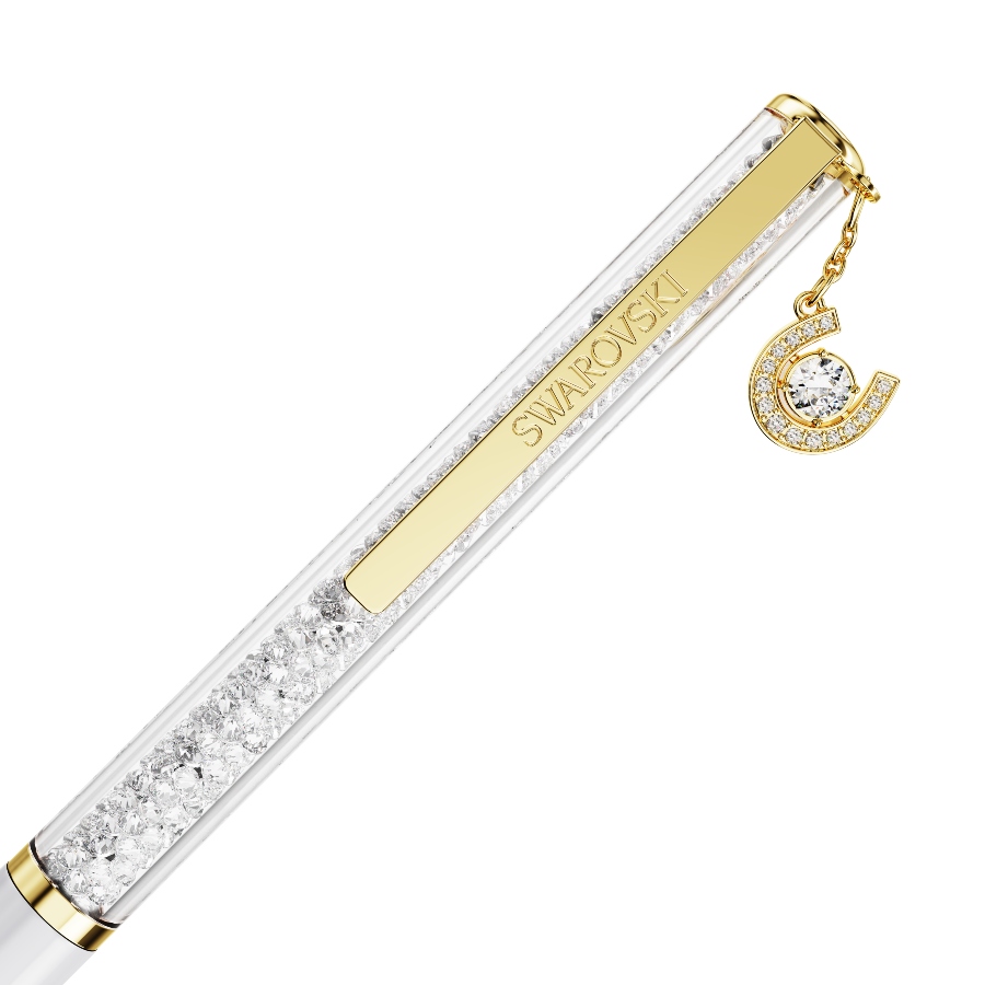 Ballpoint pen, Horse shoe, White, White lacquered, Gold-tone plated Crystalline Swarovski 3