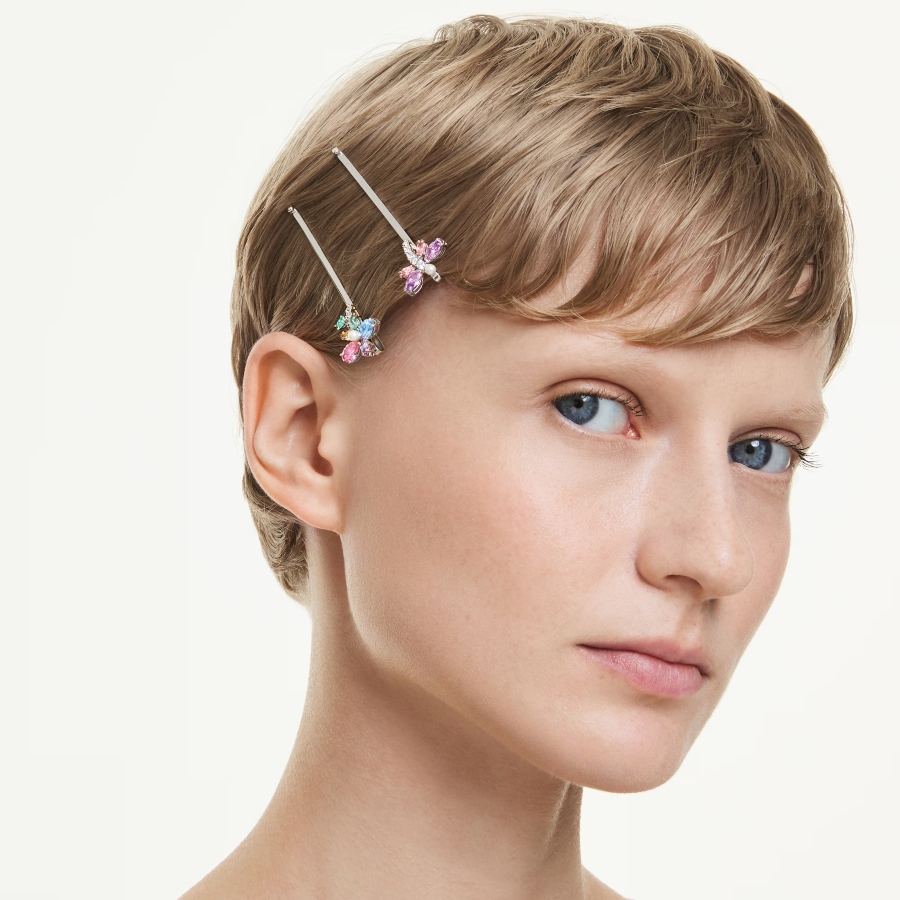 Hair pin, Mixed cuts, Dragonfly, Flower, Multicolored, Rhodium plated Ariana Grande x Swarovski Swarovski 5