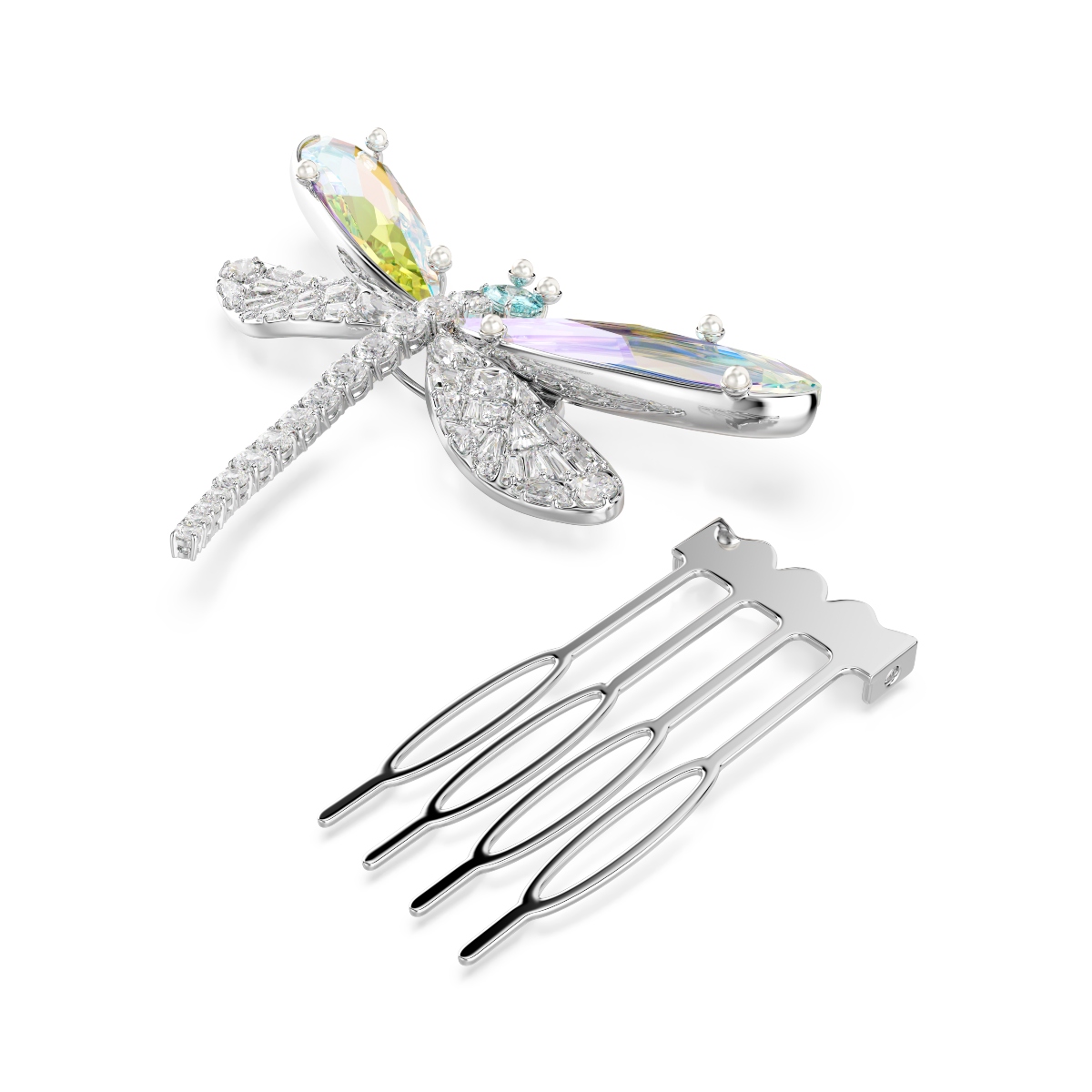 Brooch and hair accessory, Mixed cuts, Dragonfly, Green, Rhodium plated Ariana Grande x Swarovski Swarovski 4