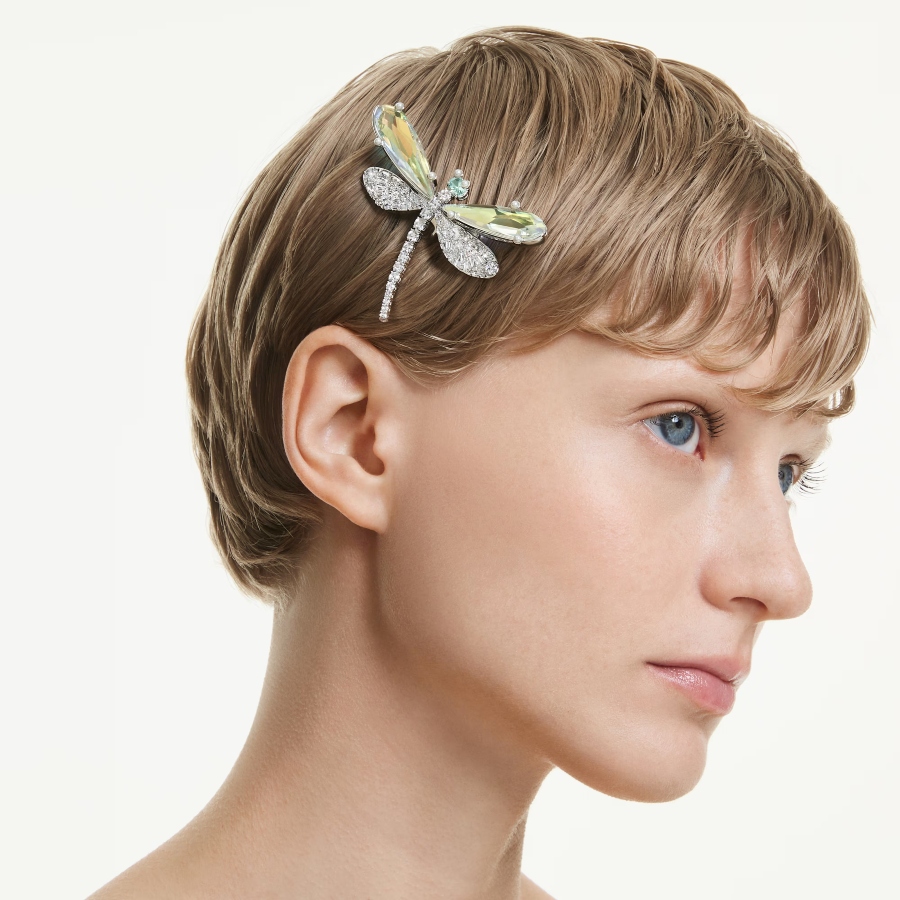 Brooch and hair accessory, Mixed cuts, Dragonfly, Green, Rhodium plated Ariana Grande x Swarovski Swarovski 7