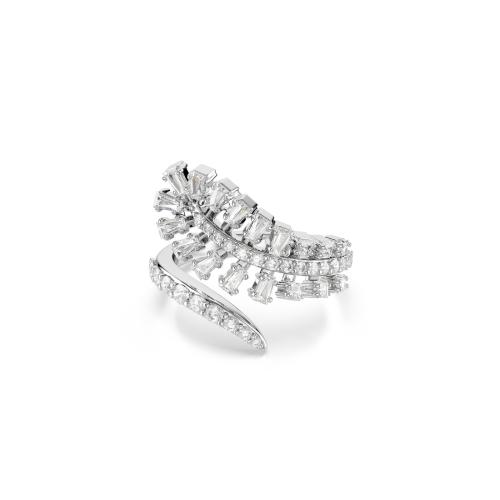 Open ring, Mixed cuts, Feather, White, Rhodium plated Vienna Swarovski