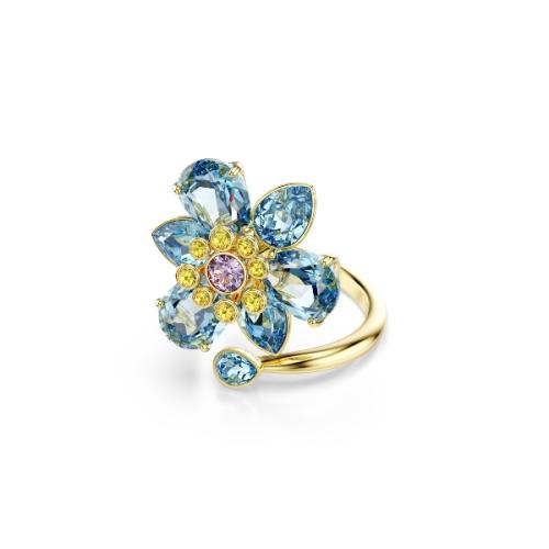 Разомкнутое кольцо, Разные огранки, Цветок, Синее, Покрытие оттенка золота Idyllia Swarovski