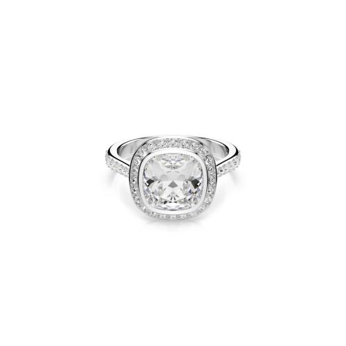 Halo ring, Cushion cut, White, Rhodium plated Una Swarovski