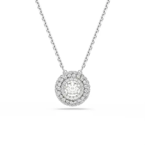 Pendant, Round cut, White, Rhodium plated