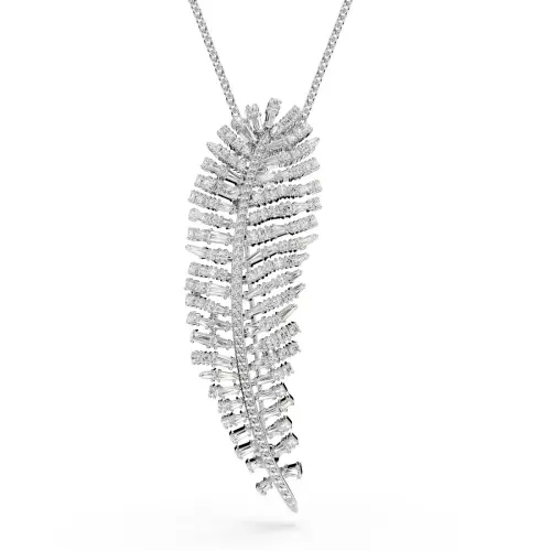 Pendant and brooch, Mixed cuts, Feather, White, Rhodium plated