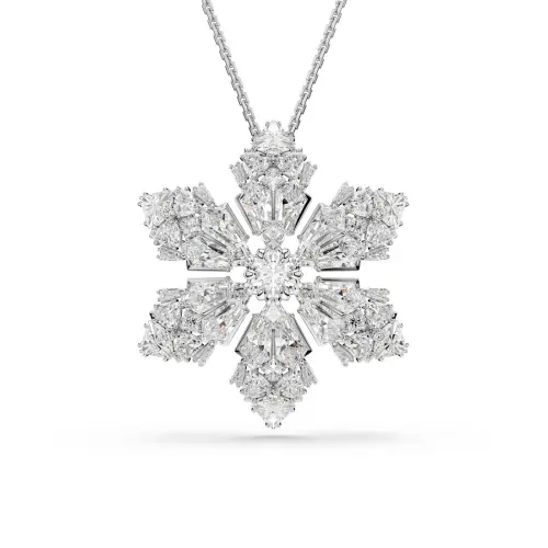 Pendant and brooch, Mixed cuts, Snowflake, White, Rhodium plated