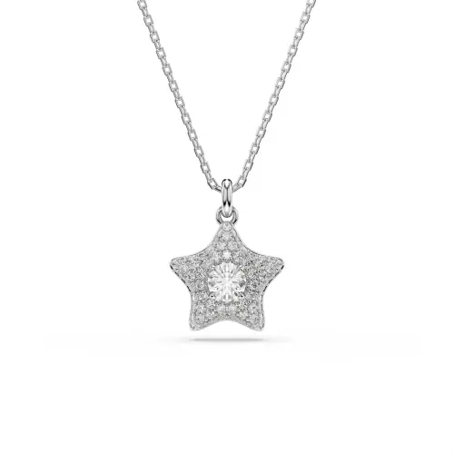 Pendant, Round cut, Star, White, Rhodium plated