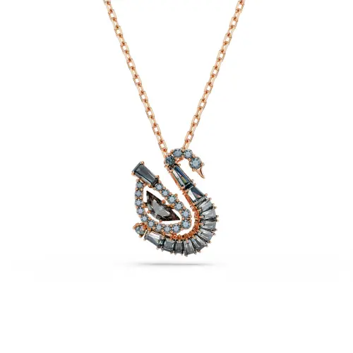 Pendant, Mixed cuts, Swan, Black, 18K rose gold finish