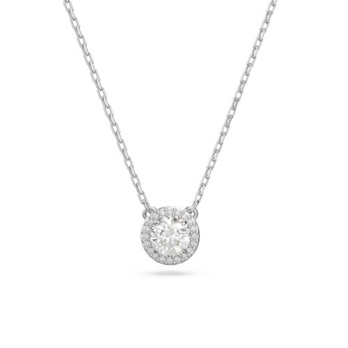 Pendant, Round cut, Pavé, White, Rhodium plated