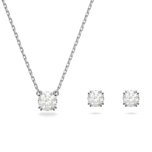 Set, Round cut, White, Rhodium plated