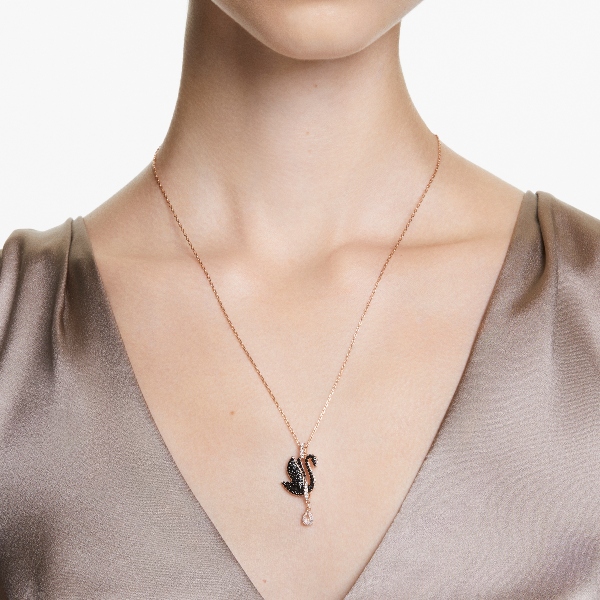 Pendant, Swan, Black, Rose gold-tone plated Swan Swarovski 5