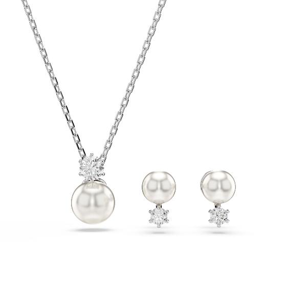 Komplekts, Kristāla pērle, Apaļš griezums, Balts, Rodija pārklājums Matrix Swarovski