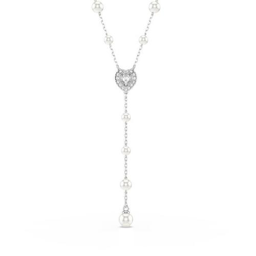 Y necklace, Mixed cuts, Heart, White, Rhodium plated