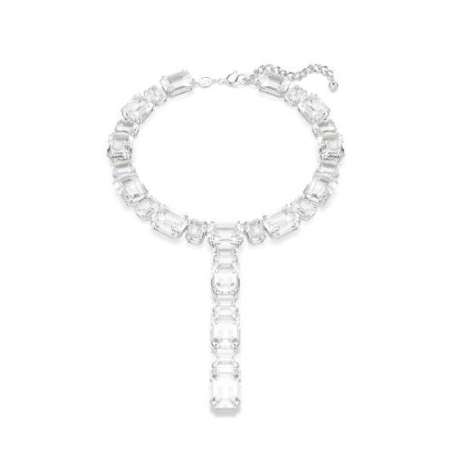 Y necklace, Octagon cut, White, Rhodium plated Millenia Swarovski