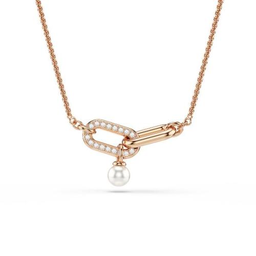 Pendant, Crystal pearl, Round cut, White, Rose gold-tone plated