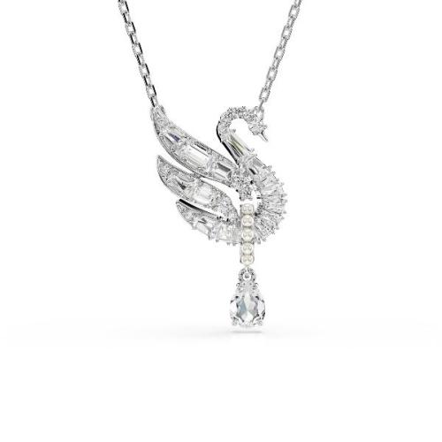 Pendant, Swan, White, Rhodium plated