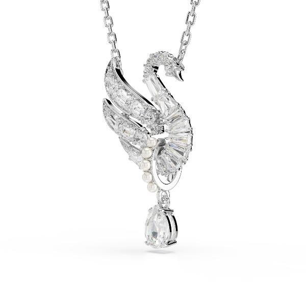 Pendant, Swan, White, Rhodium plated Swan Swarovski 3