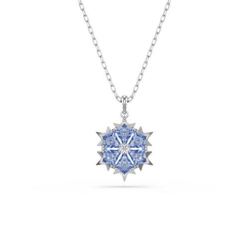 Pendant, Snowflake, Blue, Rhodium plated
