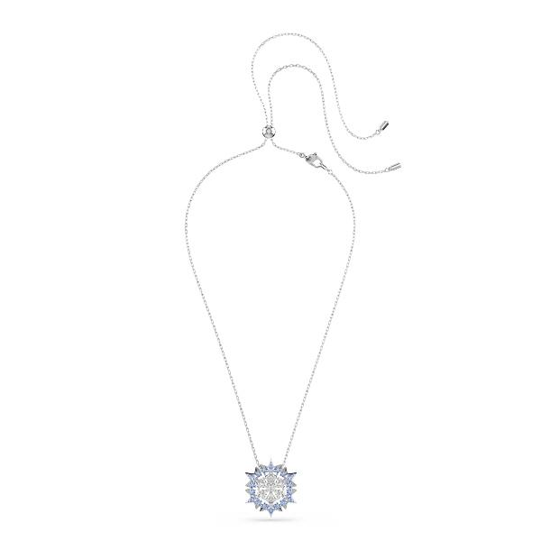 Pendant and brooch, Snowflake, Blue, Rhodium plated Magic Swarovski 5