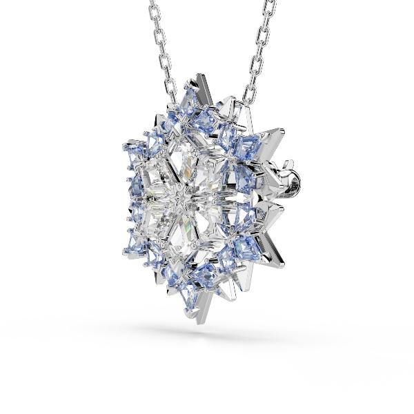 Pendant and brooch, Snowflake, Blue, Rhodium plated Magic Swarovski 3