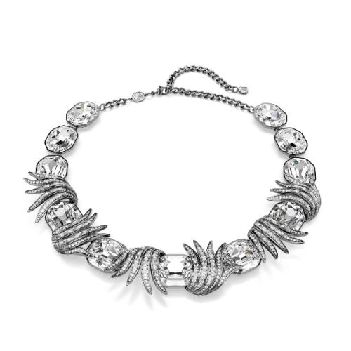 Necklace, Feather, White, Ruthenium plated The Vienna Collection Swarovski