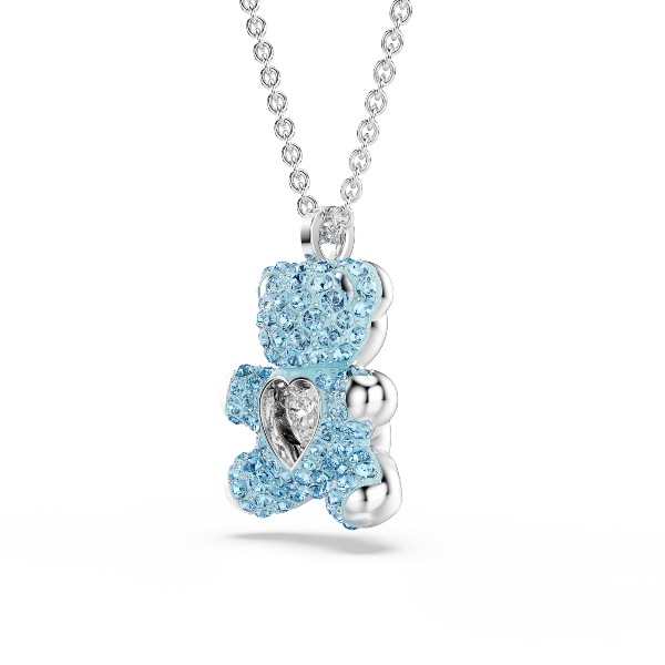 Pendant, Bear, Blue, Rhodium plated Teddy Swarovski 3