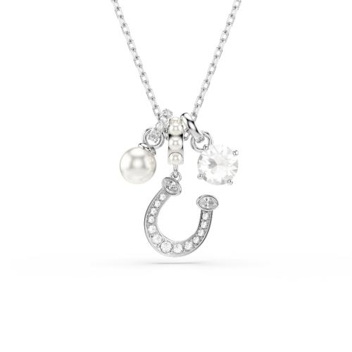 Pendant, Crystal pearl, Round cut, Pavé, Horse shoe, White, Rhodium plated