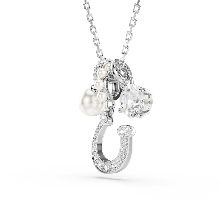 Pendant, Crystal pearl, Round cut, Pavé, Horse shoe, White, Rhodium plated Symbolic Swarovski 3