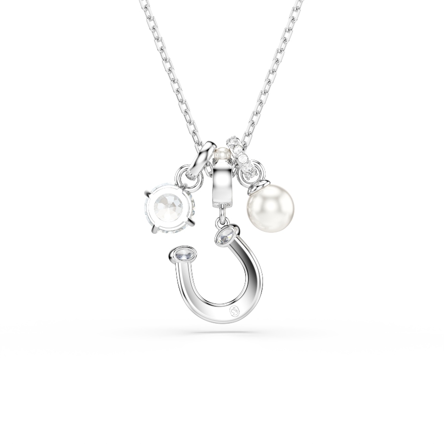 Pendant, Crystal pearl, Round cut, Pavé, Horse shoe, White, Rhodium plated Symbolic Swarovski 5