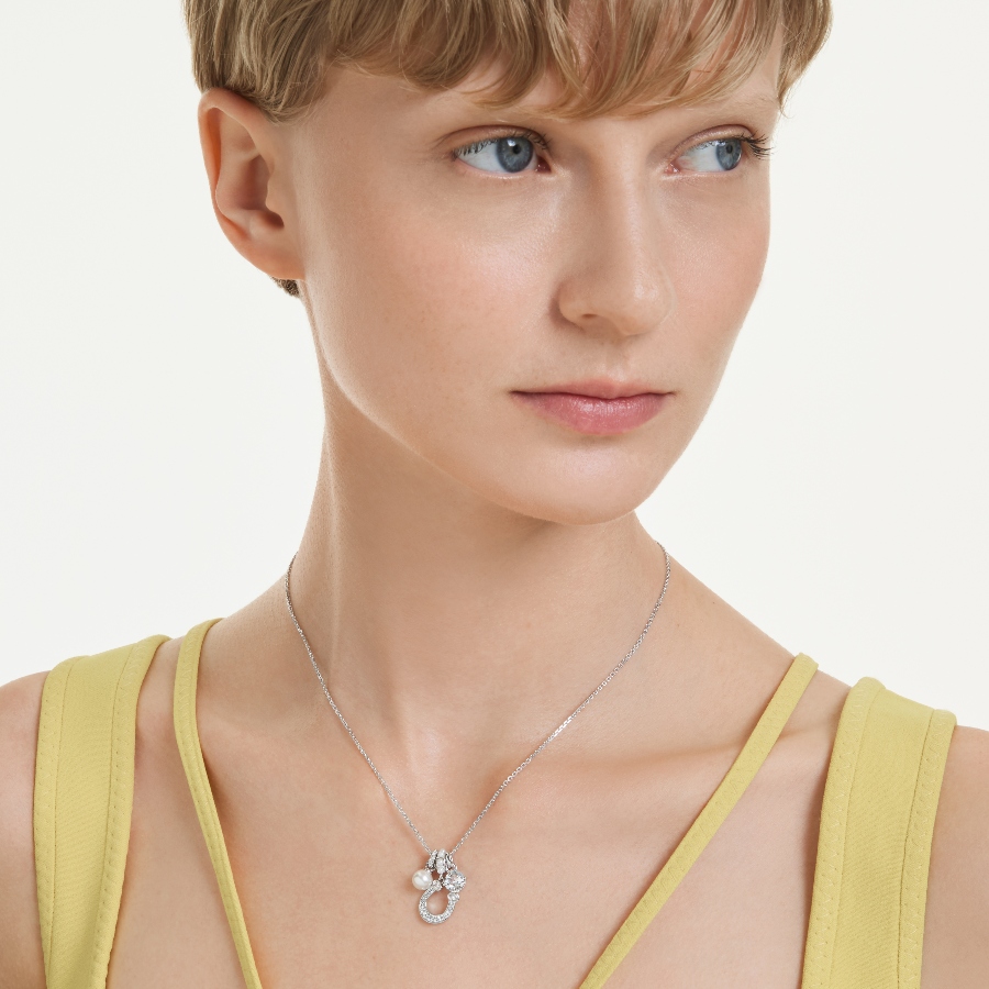Pendant, Crystal pearl, Round cut, Pavé, Horse shoe, White, Rhodium plated Symbolic Swarovski 6