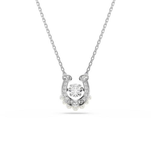 Pendant, Crystal pearl, Round cut, Pavé, Horse shoe, White, Rhodium plated
