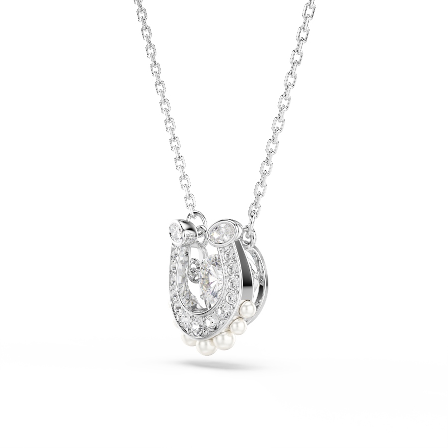 Pendant, Crystal pearl, Round cut, Pavé, Horse shoe, White, Rhodium plated Symbolic Swarovski 3