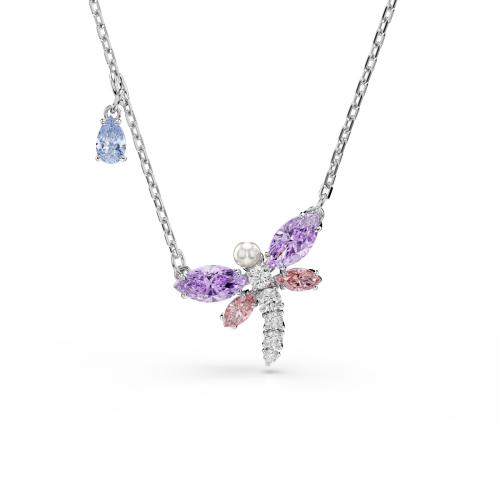Pendant, Mixed cuts, Dragonfly, Multicolored, Rhodium plated