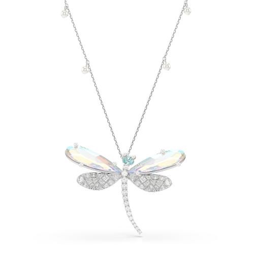 Pendant and brooch, Mixed cuts, Dragonfly, Green, Rhodium plated