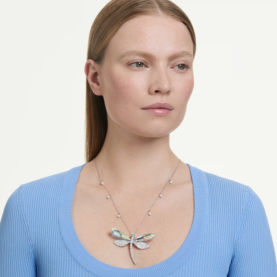 Pendant and brooch, Mixed cuts, Dragonfly, Green, Rhodium plated Ariana Grande x Swarovski Swarovski 8