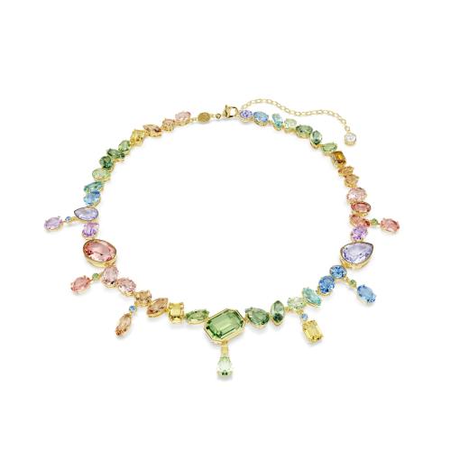 Necklace, Mixed cuts, Dangling crystals, Multicolored, Gold-tone plated