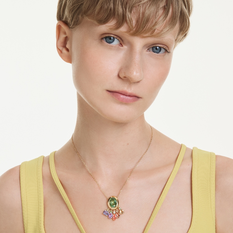 Pendant, Mixed cuts, Dangling crystals, Multicolored, Gold-tone plated Gema Swarovski 6