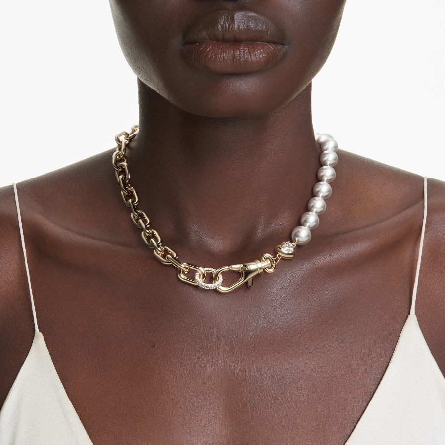 Necklace, Crystal pearl, White, Gold-tone plated Idyllia Swarovski 7