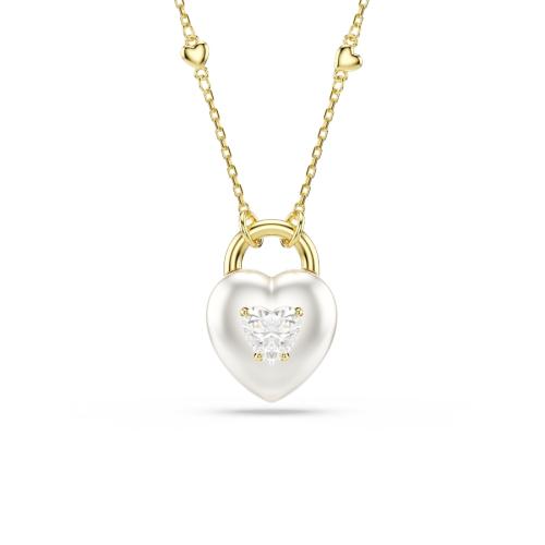 Pendant, Mixed cuts, Heart, White, Gold-tone plated