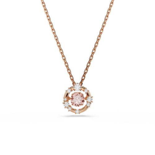 Pendant, Round cut, Dancing stone, Pink, Rose gold-tone plated