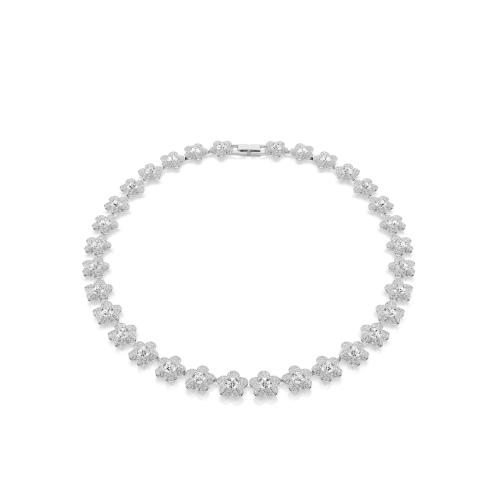 Necklace, Round cut, Flower, White, Rhodium plated