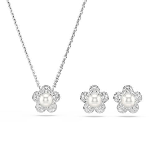 Set, Crystal pearl, Round cut, Flower, White, Rhodium plated Ariana Grande x Swarovski Swarovski