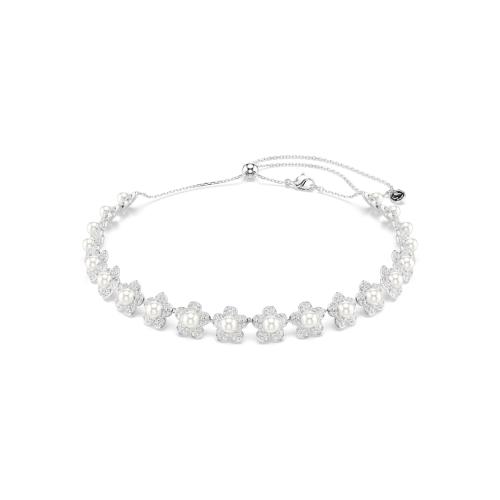 Choker, Crystal pearl, Round cut, White, Rhodium plated