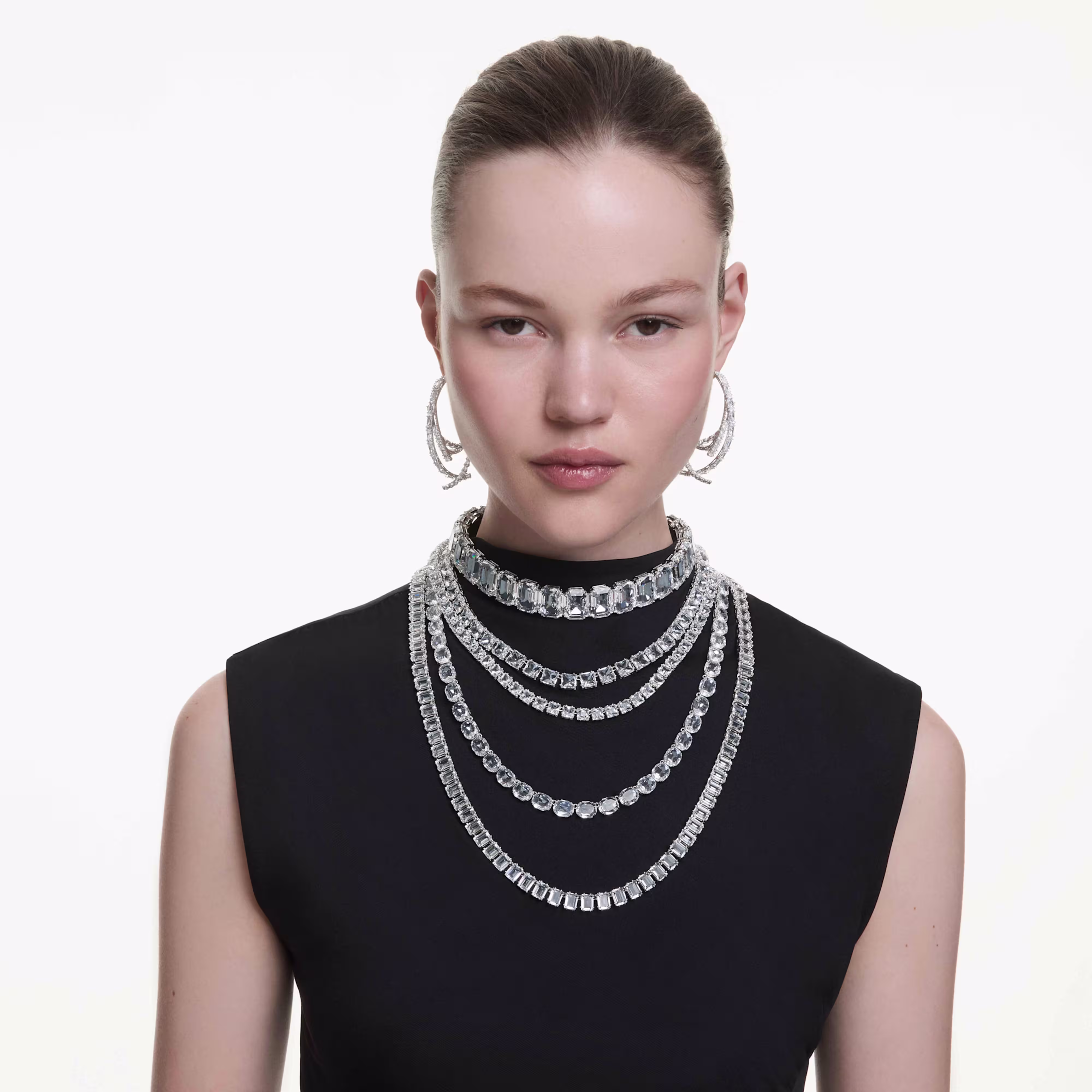 Layered necklace, Mixed cuts, White, Rhodium plated Millenia Swarovski 6