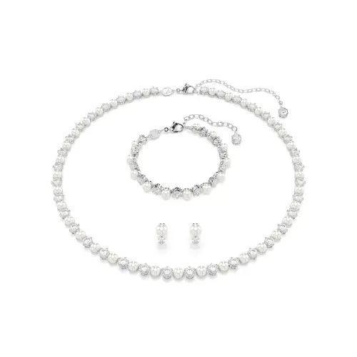 Set, Crystal pearl, Round cut, White, Rhodium plated Matrix Swarovski